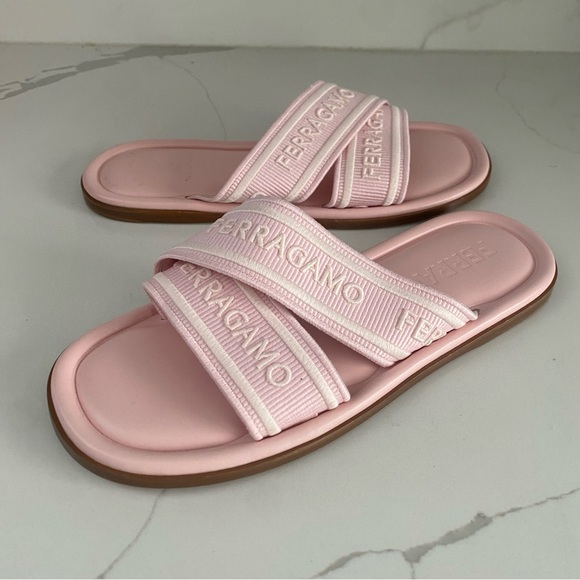 Salvatore Ferragamo Shoes - SALVATORE FERRAGAMO LAURENE PINK LEATHER LOGO SLIP ON SLIDE SANDALS SIZE 9